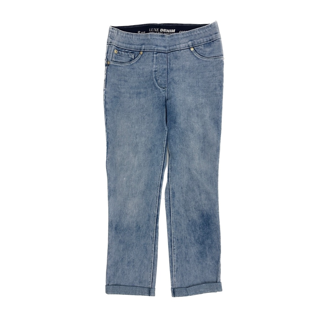 Luxe Denim Crop Pull On Jeans Womens Size S 6/8 Medium Blue 4-Way Stretch Cuffed